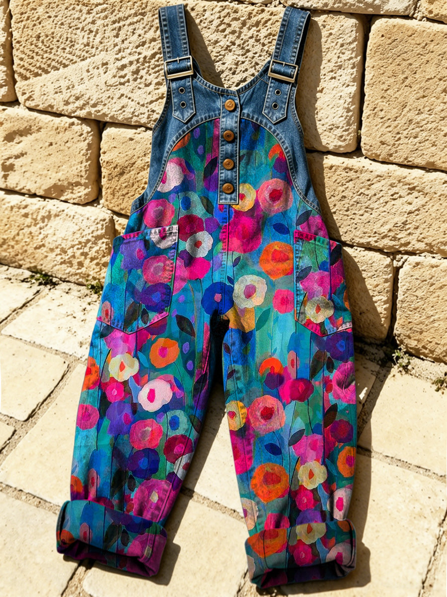 Women's Retro Floral Color-Blocked Art Print Washed Cotton Denim Patchwork Jumpsuit